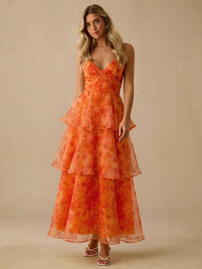 Enchnt Elegant Orange Floral Summer Women's Organza Layered Backless Sleeveless Long Dress,Garden Party,Birthday,Vacation,Beach, Red Print