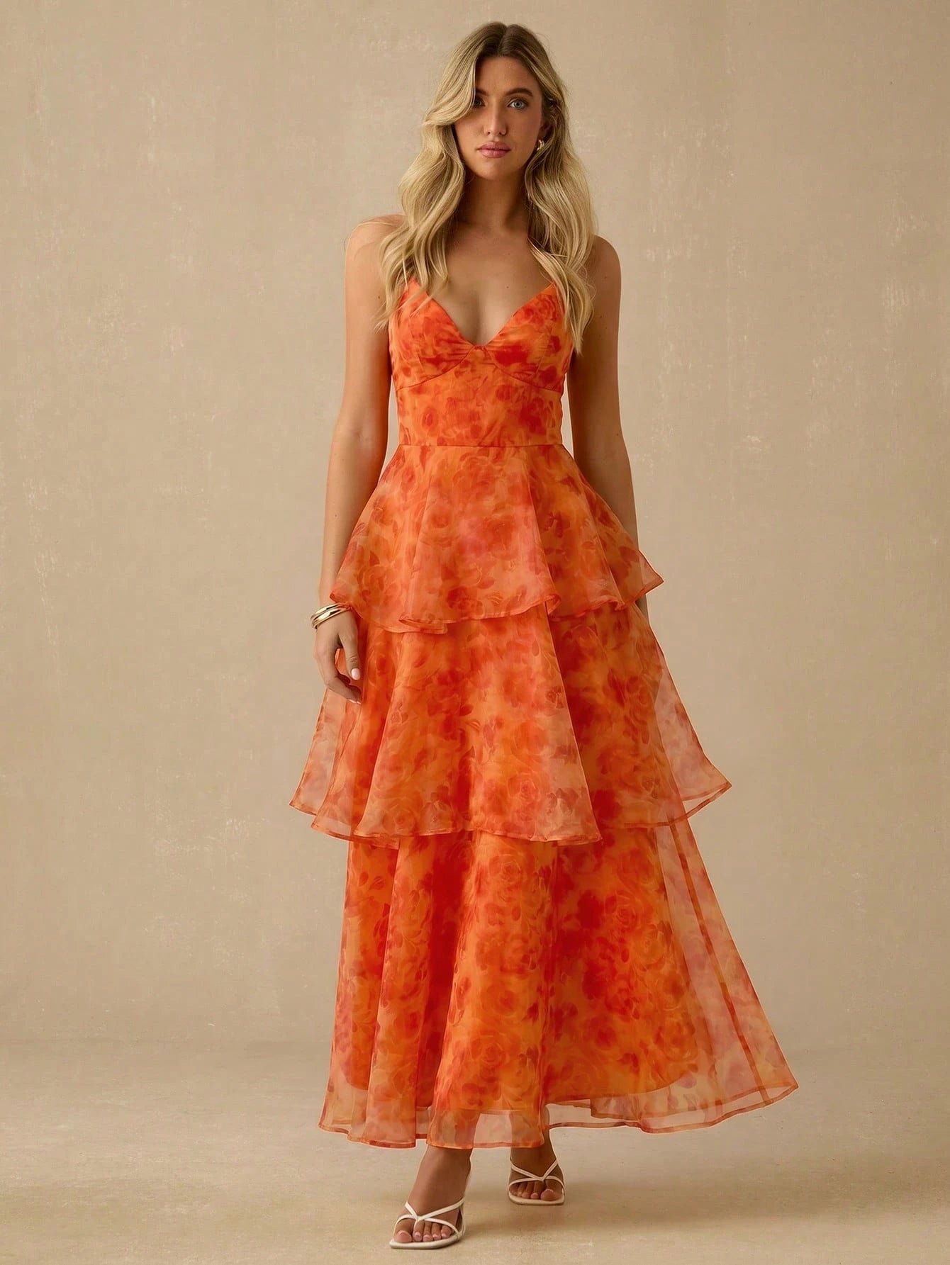 Enchnt Elegant Orange Floral Summer Women's Organza Layered Backless Sleeveless Long Dress,Garden Party,Birthday,Vacation,Beach, Red Print