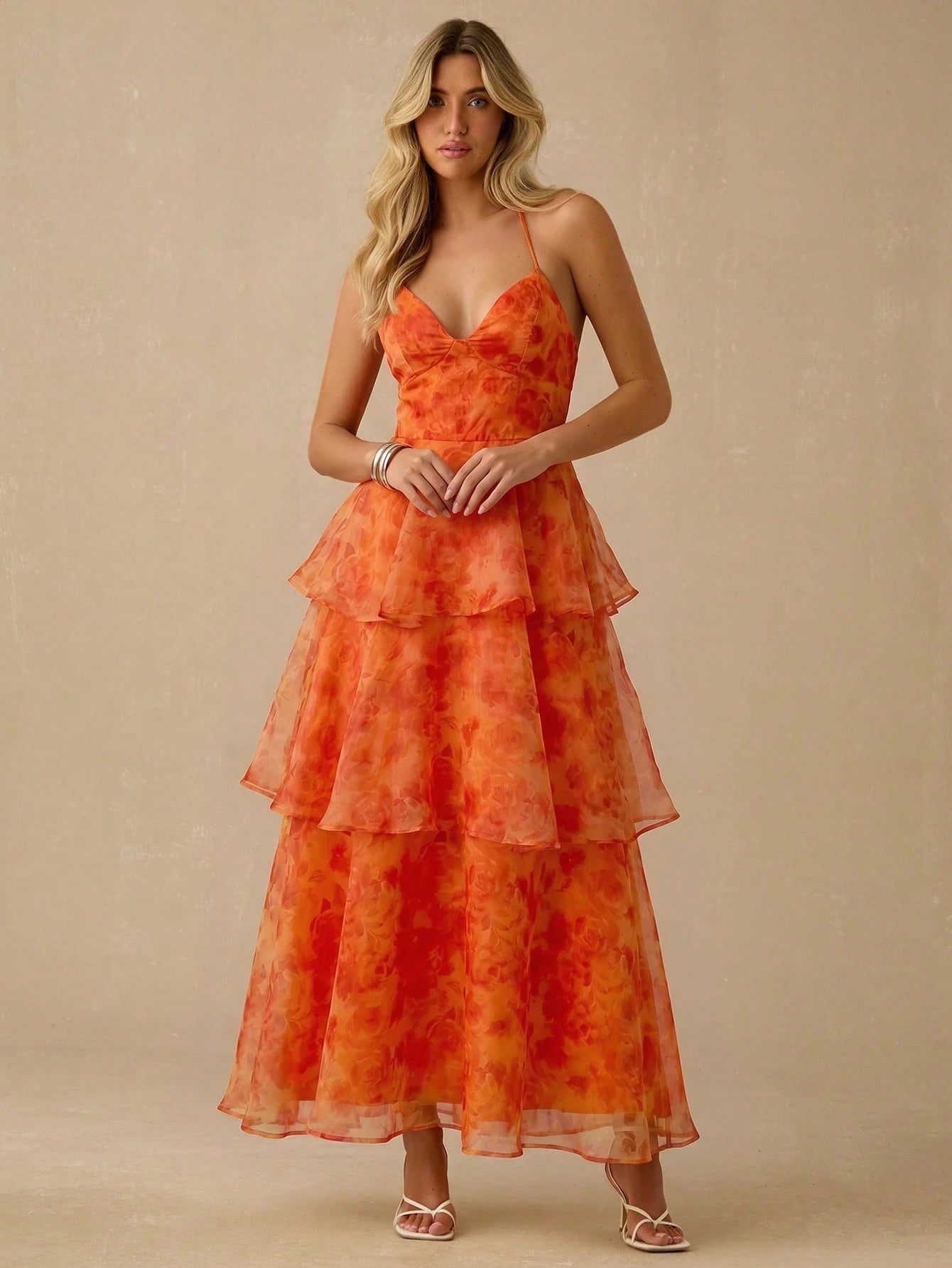 Enchnt Elegant Orange Floral Summer Women's Organza Layered Backless Sleeveless Long Dress,Garden Party,Birthday,Vacation,Beach, Red Print