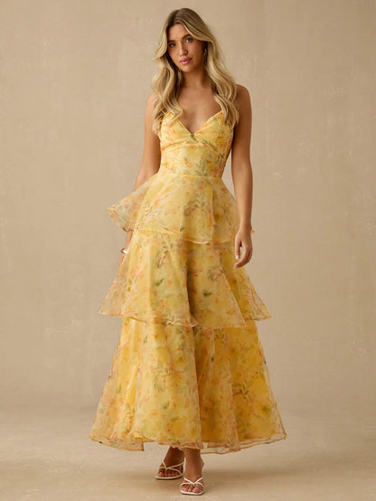 Enchnt Elegant Orange Floral Summer Women's Organza Layered Backless Sleeveless Long Dress,Garden Party,Birthday,Vacation,Beach, Red Print