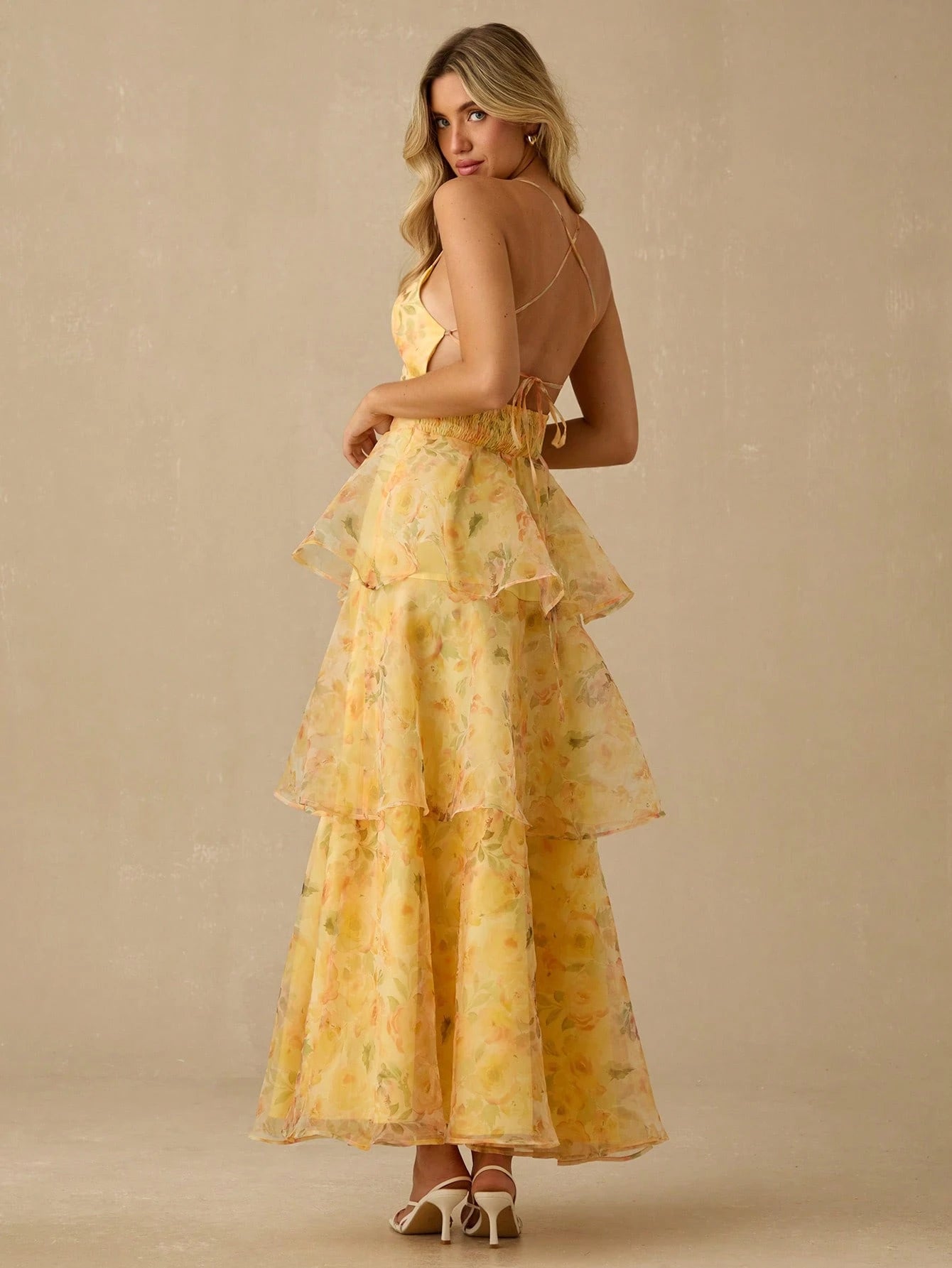 Enchnt Elegant Orange Floral Summer Women's Organza Layered Backless Sleeveless Long Dress,Garden Party,Birthday,Vacation,Beach, Red Print