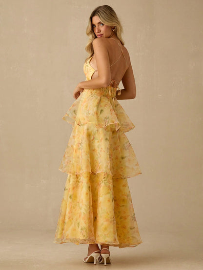 Enchnt Elegant Orange Floral Summer Women's Organza Layered Backless Sleeveless Long Dress,Garden Party,Birthday,Vacation,Beach, Red Print