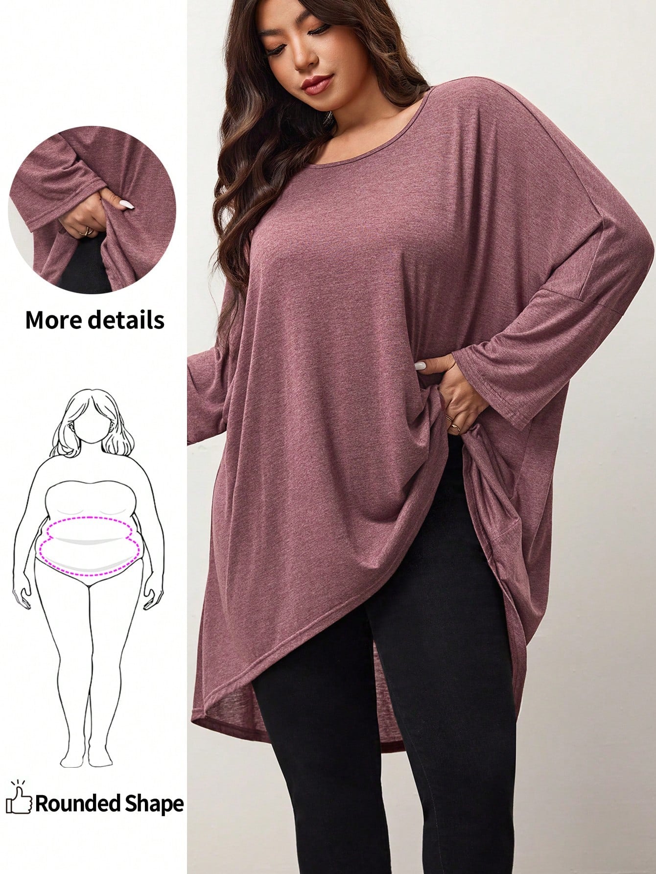 Enliva Plus Size Loose Bat Wing Hem Asymmetrical Hem High Low T-Shirt, Crew Neck, Solid Color, Stretchy, Soft, Comfortable, Versatile, Fashionable, Everyday Wear Fall T-Shirt For Women, Winter, Friend