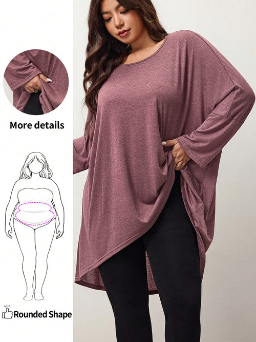 Enliva Plus Size Loose Bat Wing Hem Asymmetrical Hem High Low T-Shirt, Crew Neck, Solid Color, Stretchy, Soft, Comfortable, Versatile, Fashionable, Everyday Wear Fall T-Shirt For Women, Winter, Friend