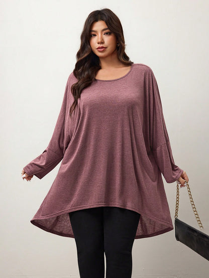 Enliva Plus Size Loose Bat Wing Hem Asymmetrical Hem High Low T-Shirt, Crew Neck, Solid Color, Stretchy, Soft, Comfortable, Versatile, Fashionable, Everyday Wear Fall T-Shirt For Women, Winter, Friend