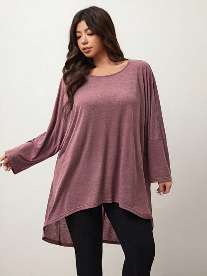 Enliva Plus Size Loose Bat Wing Hem Asymmetrical Hem High Low T-Shirt, Crew Neck, Solid Color, Stretchy, Soft, Comfortable, Versatile, Fashionable, Everyday Wear Fall T-Shirt For Women, Winter, Friend