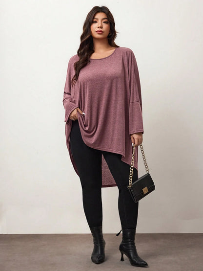 Enliva Plus Size Loose Bat Wing Hem Asymmetrical Hem High Low T-Shirt, Crew Neck, Solid Color, Stretchy, Soft, Comfortable, Versatile, Fashionable, Everyday Wear Fall T-Shirt For Women, Winter, Friend
