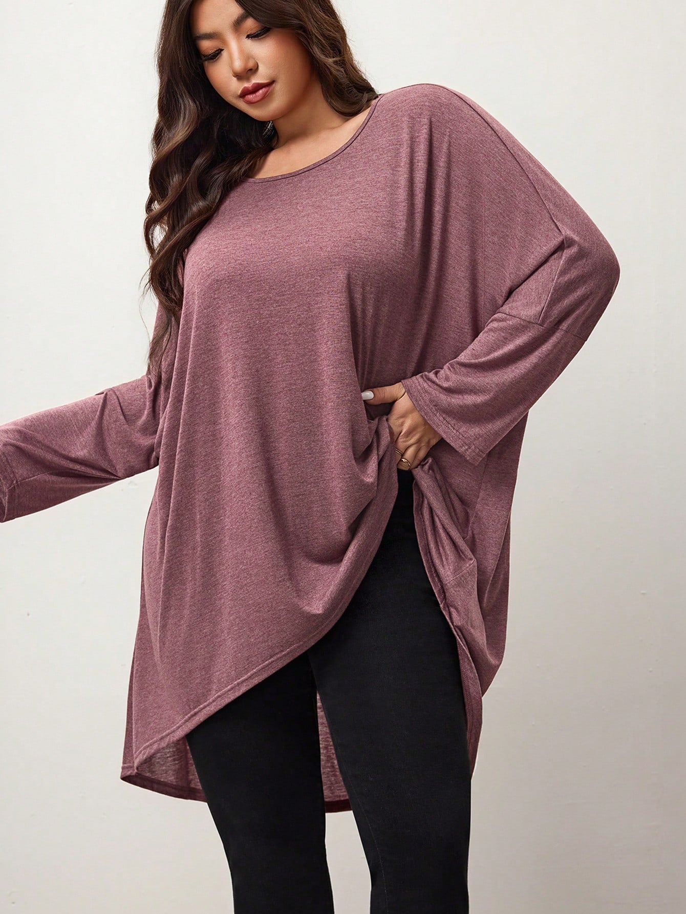 Enliva Plus Size Loose Bat Wing Hem Asymmetrical Hem High Low T-Shirt, Crew Neck, Solid Color, Stretchy, Soft, Comfortable, Versatile, Fashionable, Everyday Wear Fall T-Shirt For Women, Winter, Friend