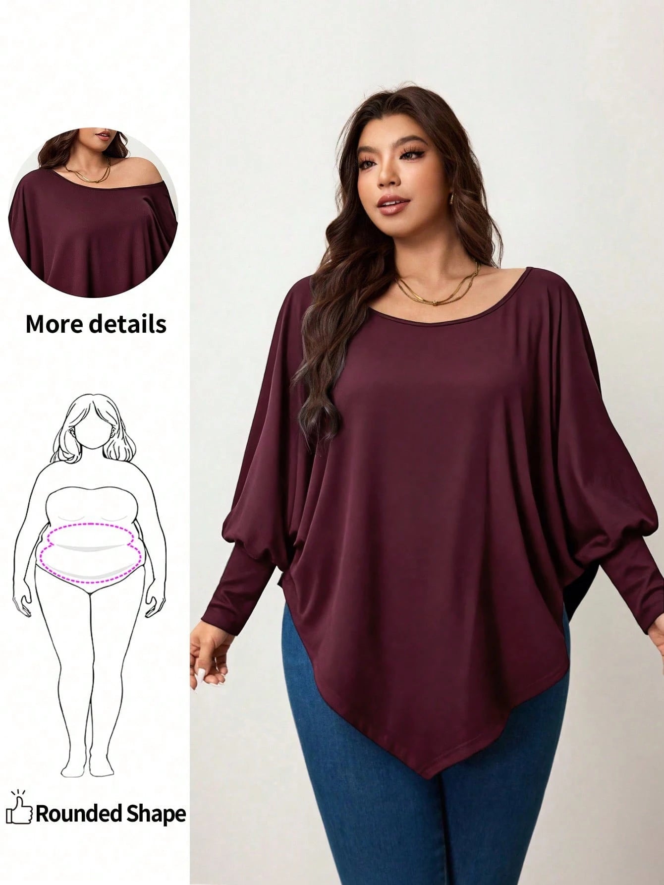 Enliva Plus Size Women's Burgundy Autumn Smart Casual Batwing Sleeve Asymmetrical Hem Loose T-Shirt,Everyday Solid Color Top For Apple & Rounded Fall