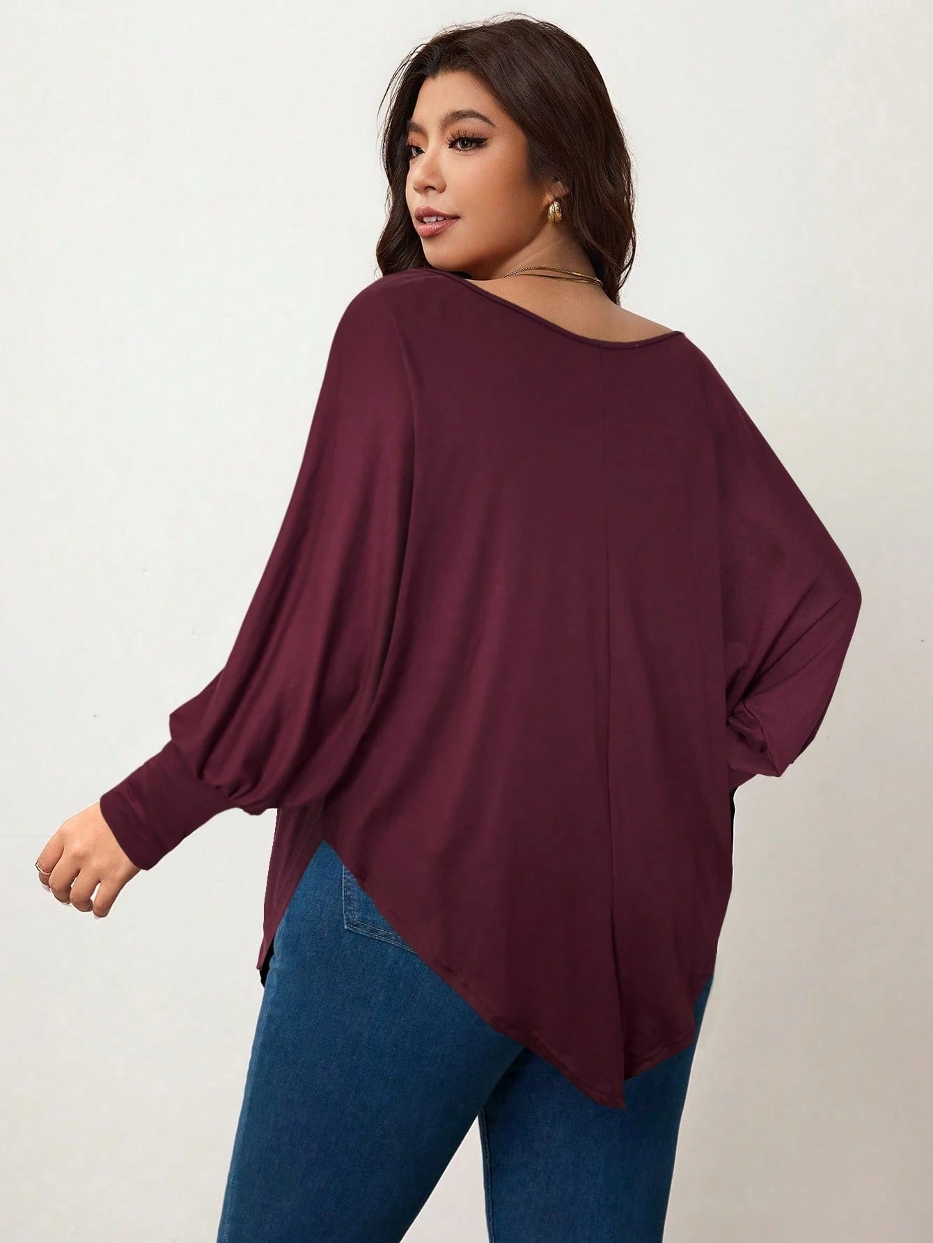 Enliva Plus Size Women's Burgundy Autumn Smart Casual Batwing Sleeve Asymmetrical Hem Loose T-Shirt,Everyday Solid Color Top For Apple & Rounded Fall