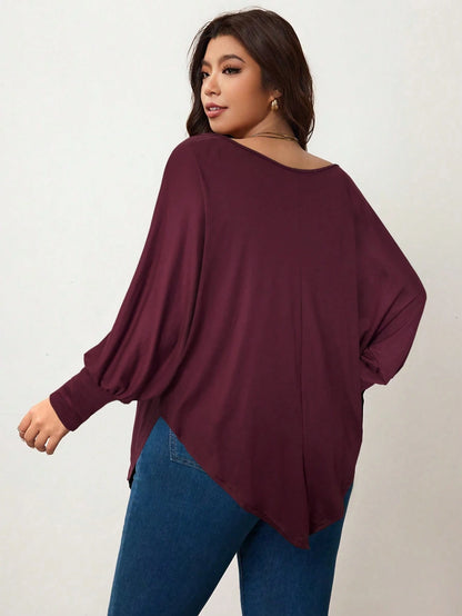 Enliva Plus Size Women's Burgundy Autumn Smart Casual Batwing Sleeve Asymmetrical Hem Loose T-Shirt,Everyday Solid Color Top For Apple & Rounded Fall