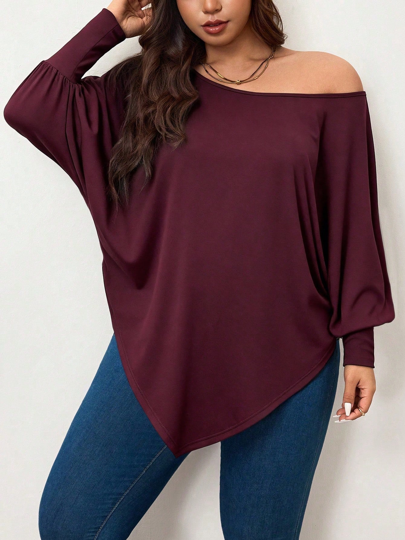 Enliva Plus Size Women's Burgundy Autumn Smart Casual Batwing Sleeve Asymmetrical Hem Loose T-Shirt,Everyday Solid Color Top For Apple & Rounded Fall