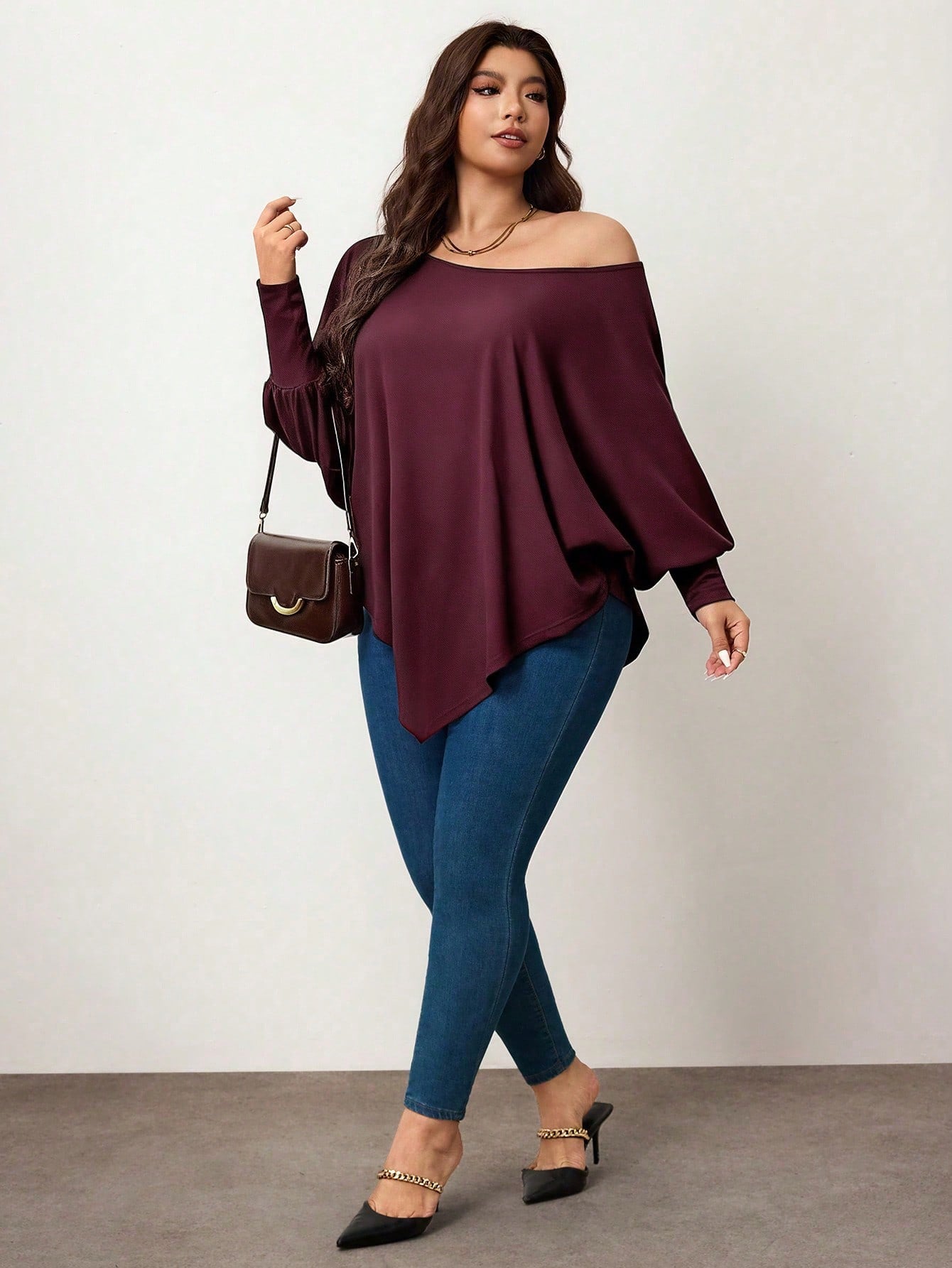 Enliva Plus Size Women's Burgundy Autumn Smart Casual Batwing Sleeve Asymmetrical Hem Loose T-Shirt,Everyday Solid Color Top For Apple & Rounded Fall