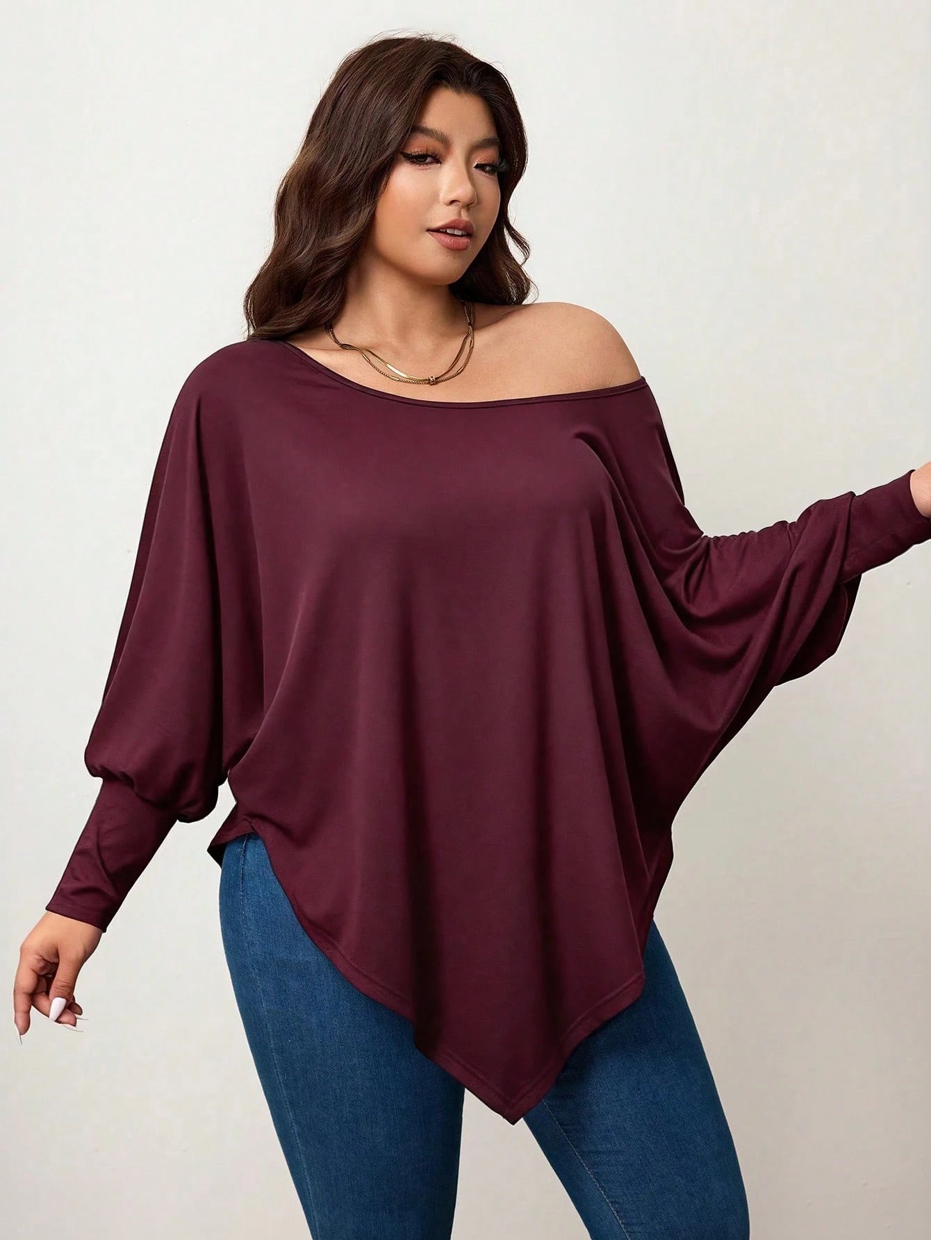 Enliva Plus Size Women's Burgundy Autumn Smart Casual Batwing Sleeve Asymmetrical Hem Loose T-Shirt,Everyday Solid Color Top For Apple & Rounded Fall