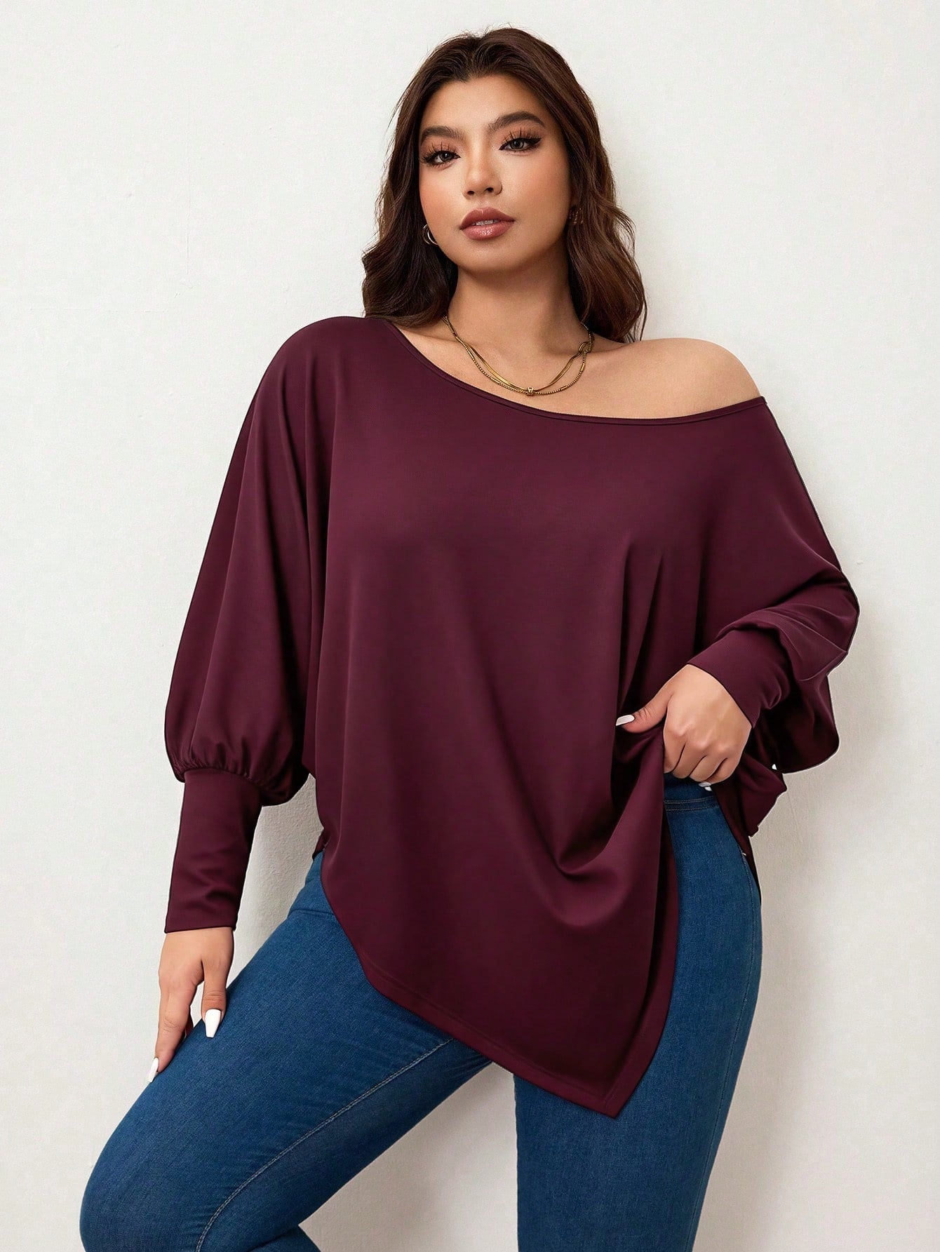 Enliva Plus Size Women's Burgundy Autumn Smart Casual Batwing Sleeve Asymmetrical Hem Loose T-Shirt,Everyday Solid Color Top For Apple & Rounded Fall