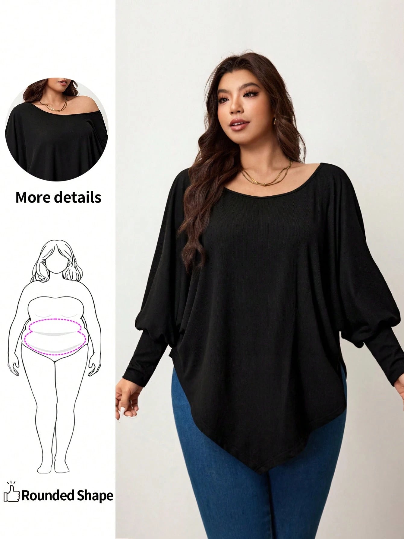 Enliva Plus Size Women's Burgundy Autumn Smart Casual Batwing Sleeve Asymmetrical Hem Loose T-Shirt,Everyday Solid Color Top For Apple & Rounded Fall