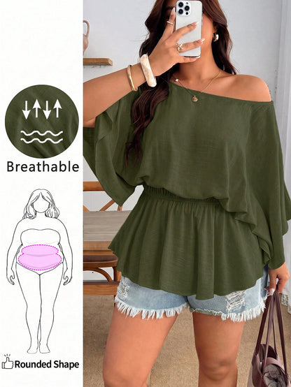 Enliva Plus Size Women's Vintage Sexy Casual Beach Bussines Carribean Vacation Y2K Elegant One Shoulder Pleated Waist Linen Blend Olive Green Top Summer