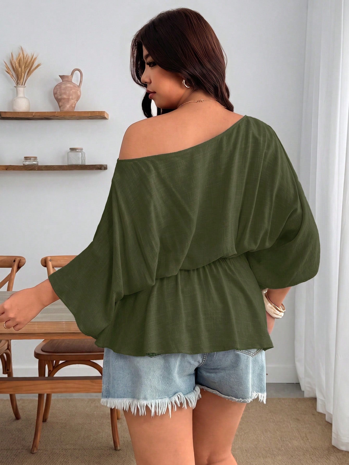 Enliva Plus Size Women's Vintage Sexy Casual Beach Bussines Carribean Vacation Y2K Elegant One Shoulder Pleated Waist Linen Blend Olive Green Top Summer