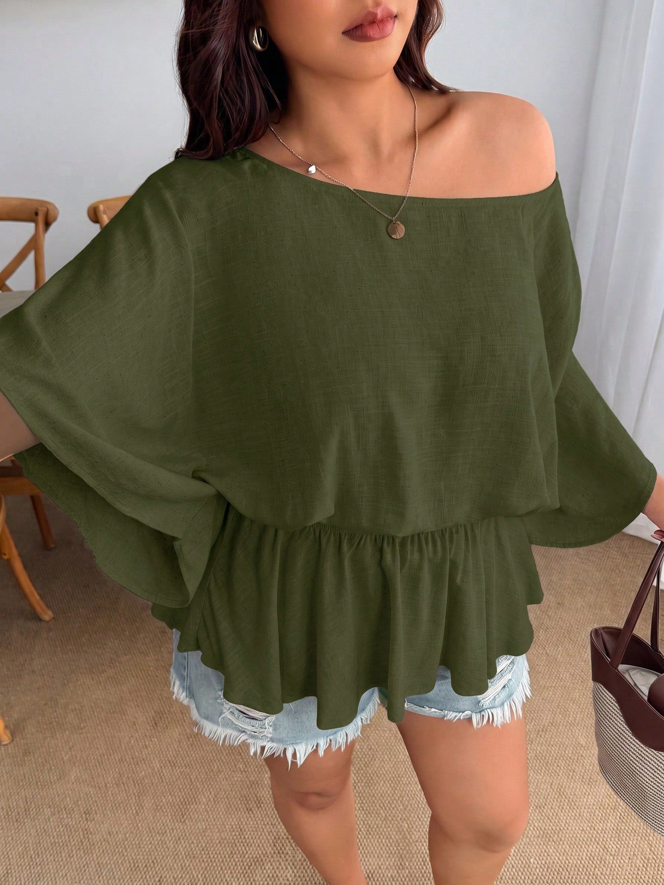 Enliva Plus Size Women's Vintage Sexy Casual Beach Bussines Carribean Vacation Y2K Elegant One Shoulder Pleated Waist Linen Blend Olive Green Top Summer