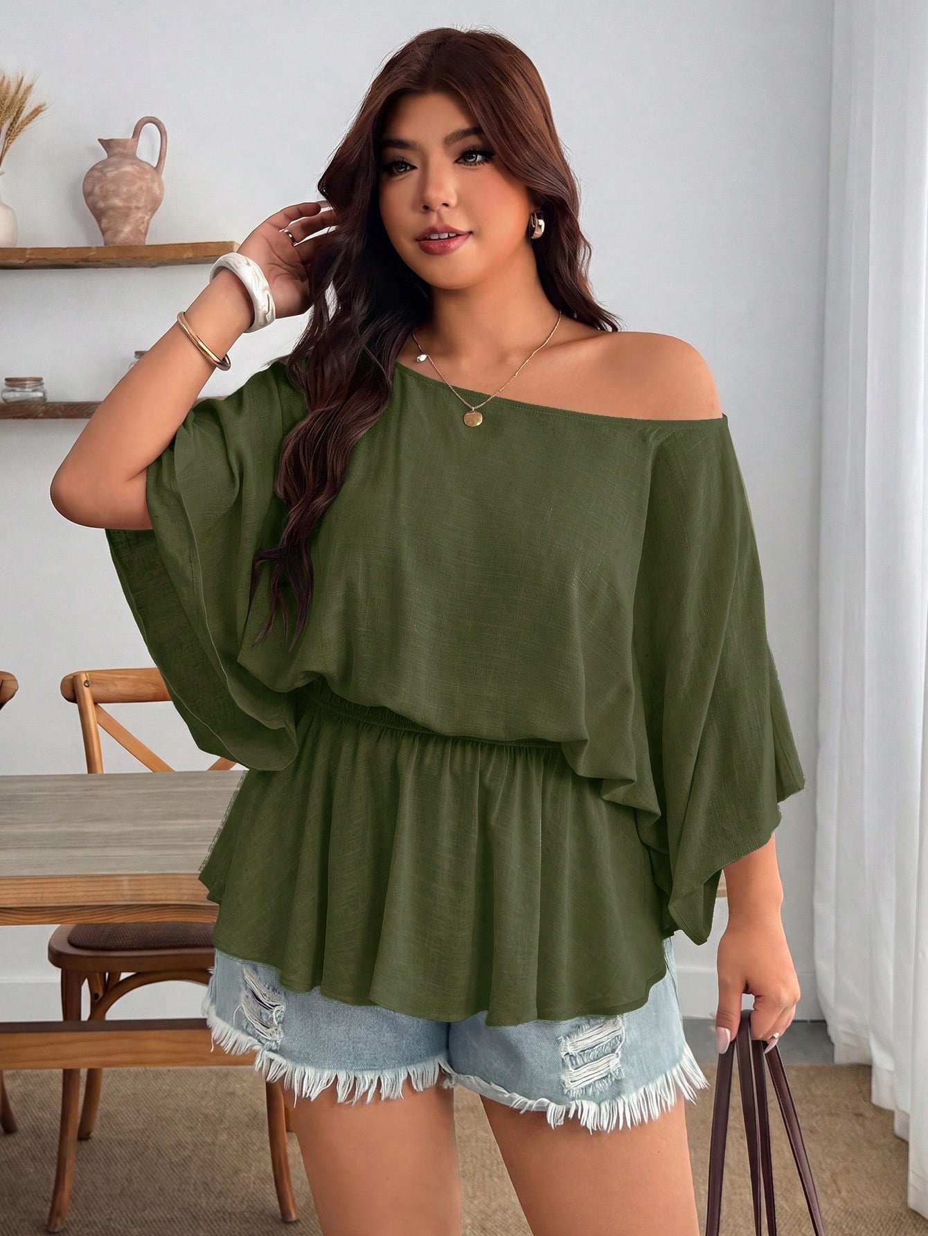 Enliva Plus Size Women's Vintage Sexy Casual Beach Bussines Carribean Vacation Y2K Elegant One Shoulder Pleated Waist Linen Blend Olive Green Top Summer