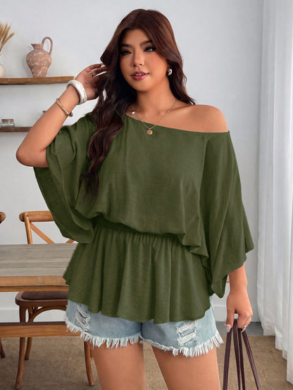 Enliva Plus Size Women's Vintage Sexy Casual Beach Bussines Carribean Vacation Y2K Elegant One Shoulder Pleated Waist Linen Blend Olive Green Top Summer