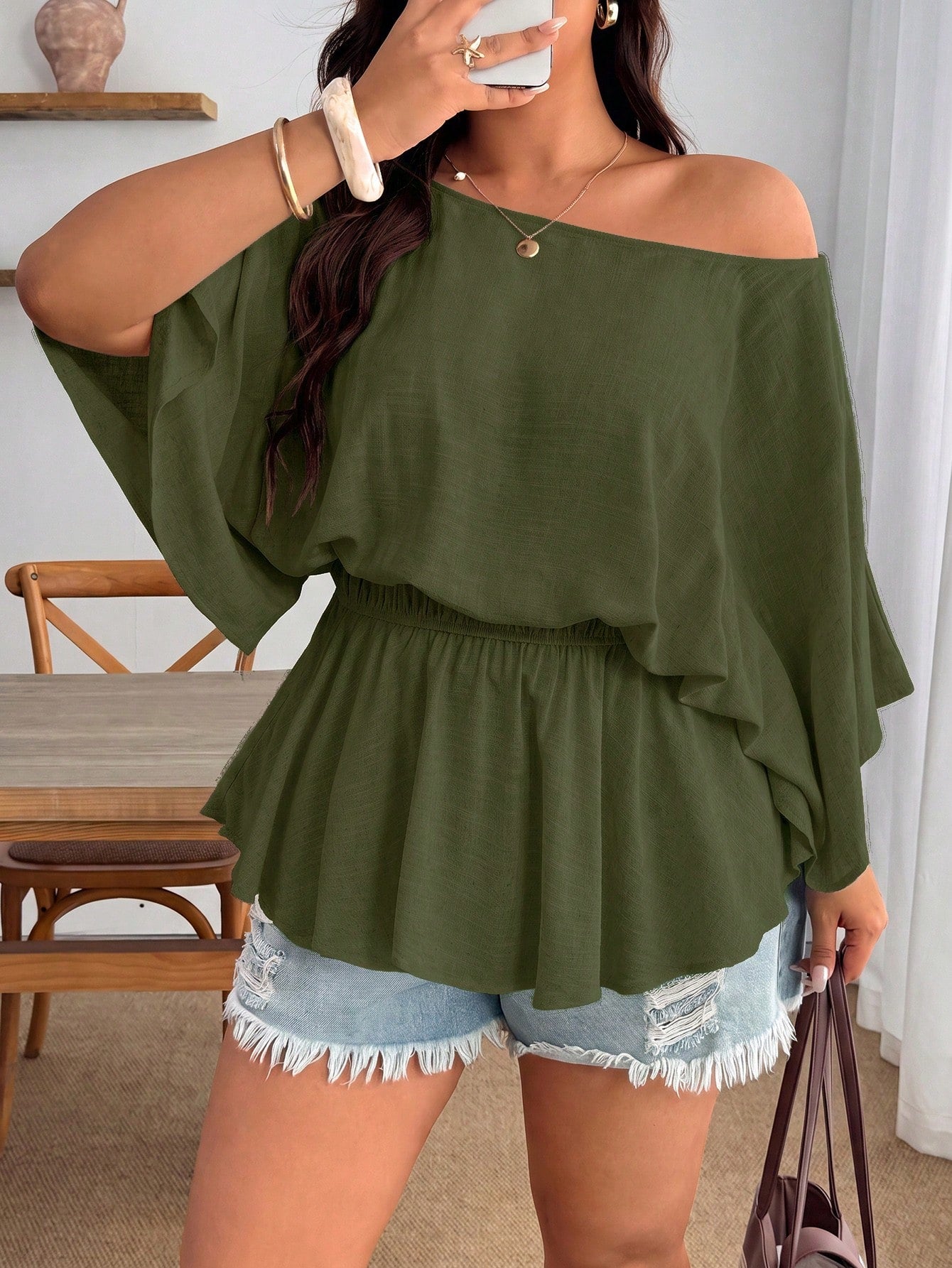 Enliva Plus Size Women's Vintage Sexy Casual Beach Bussines Carribean Vacation Y2K Elegant One Shoulder Pleated Waist Linen Blend Olive Green Top Summer