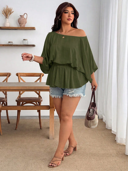Enliva Plus Size Women's Vintage Sexy Casual Beach Bussines Carribean Vacation Y2K Elegant One Shoulder Pleated Waist Linen Blend Olive Green Top Summer