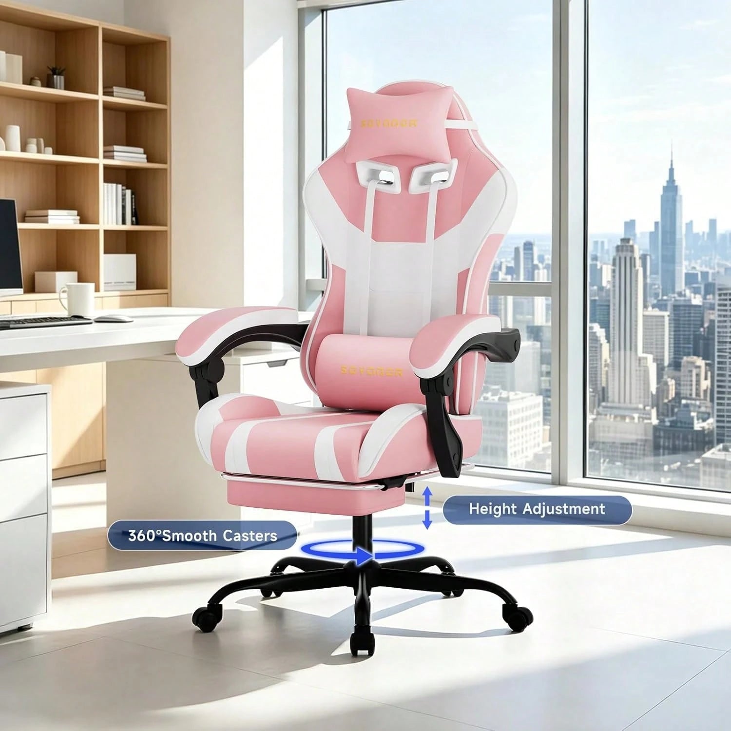 Ergonomic Gaming Chair,A Versatile 3-In-1 Video Game Chair For Work, Study, And Gaming,Features An Adjustable Backrest, Footrest, And Linked Armrests Office Chair For Adults,Pinkwhite