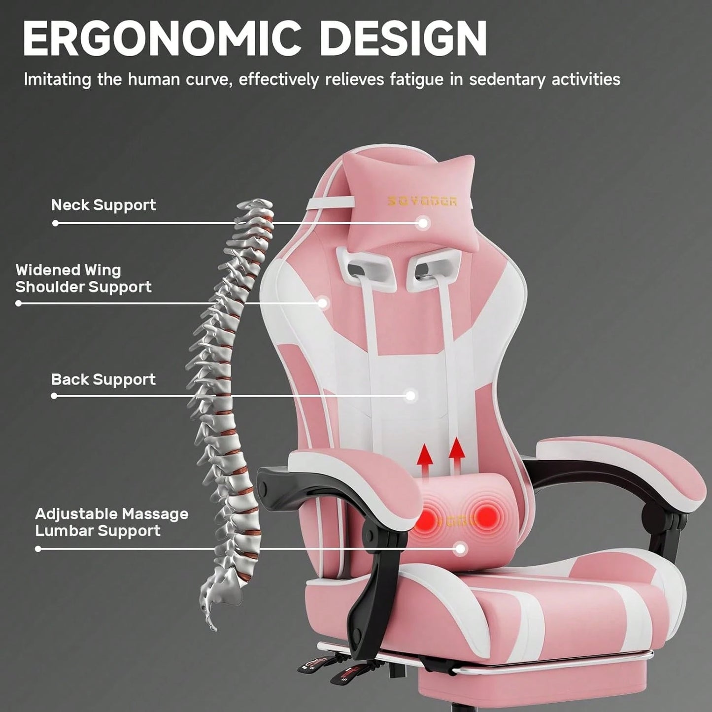 Ergonomic Gaming Chair,A Versatile 3-In-1 Video Game Chair For Work, Study, And Gaming,Features An Adjustable Backrest, Footrest, And Linked Armrests Office Chair For Adults,Pinkwhite