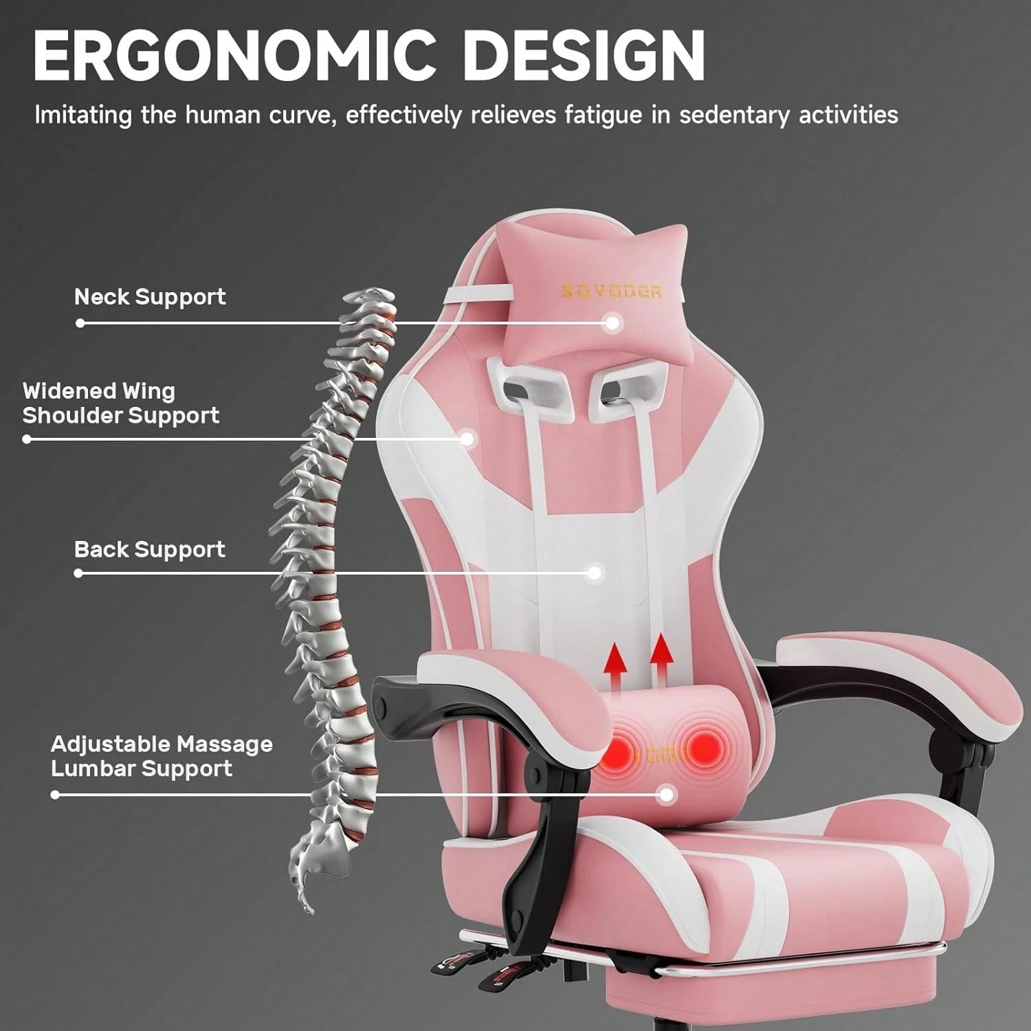 Ergonomic Gaming Chair,A Versatile 3-In-1 Video Game Chair For Work, Study, And Gaming,Features An Adjustable Backrest, Footrest, And Linked Armrests Office Chair For Adults,Pinkwhite