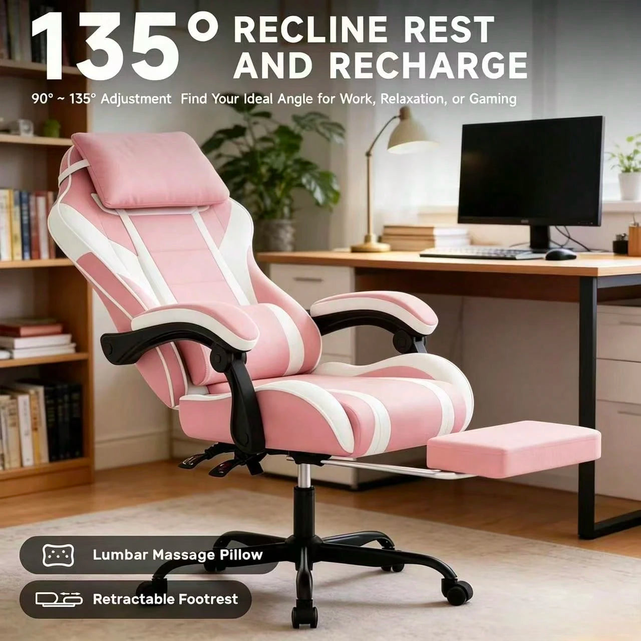 Ergonomic Gaming Chair,A Versatile 3-In-1 Video Game Chair For Work, Study, And Gaming,Features An Adjustable Backrest, Footrest, And Linked Armrests Office Chair For Adults,Pinkwhite