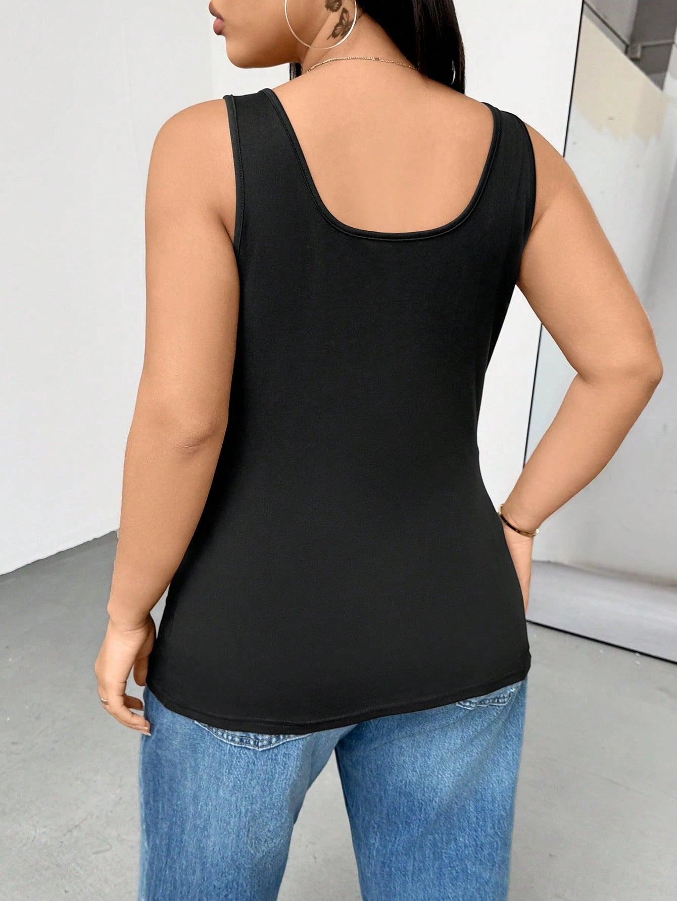 Essnce 3 Packs Plus Size Women's Slim High Elastic Black Long Tank Top,Black And White,Summer,Casual,Everyday Minimalist Tops,Basic Versatile