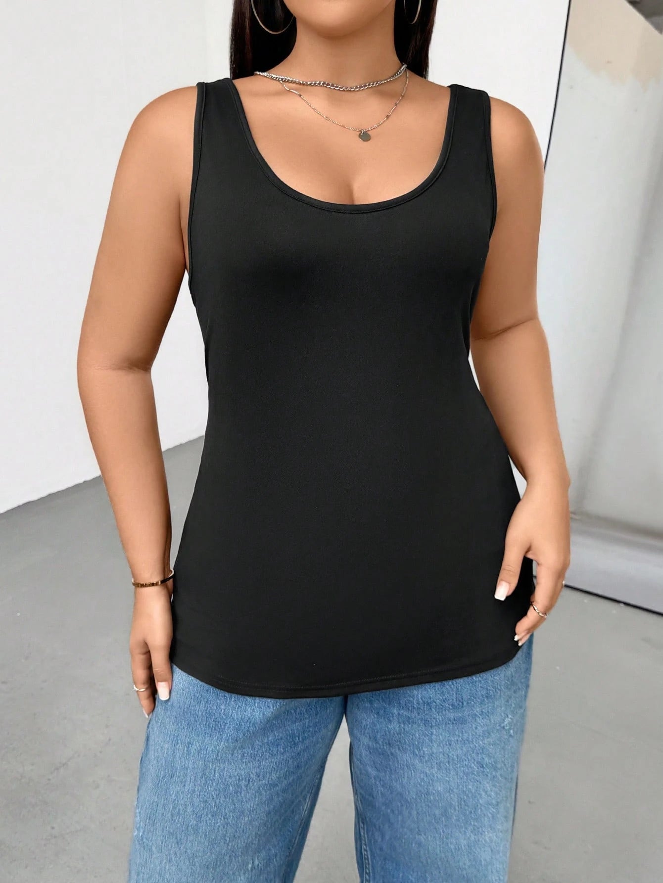Essnce 3 Packs Plus Size Women's Slim High Elastic Black Long Tank Top,Black And White,Summer,Casual,Everyday Minimalist Tops,Basic Versatile