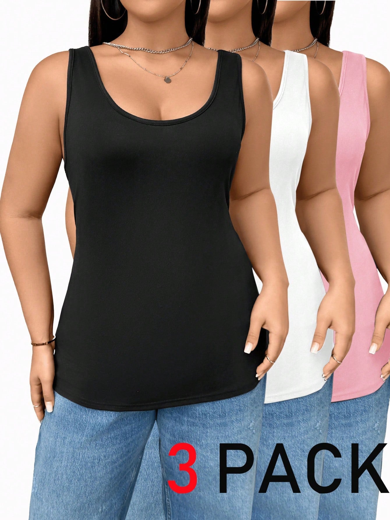 Essnce 3 Packs Plus Size Women's Slim High Elastic Black Long Tank Top,Black And White,Summer,Casual,Everyday Minimalist Tops,Basic Versatile