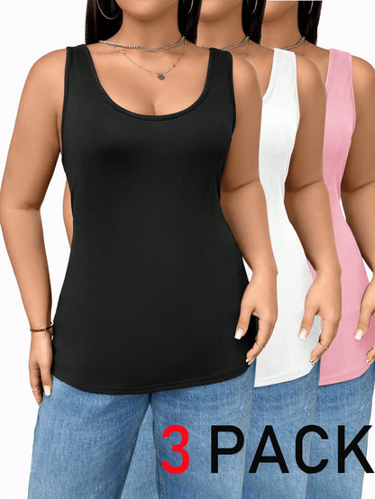 Essnce 3 Packs Plus Size Women's Slim High Elastic Black Long Tank Top,Black And White,Summer,Casual,Everyday Minimalist Tops,Basic Versatile