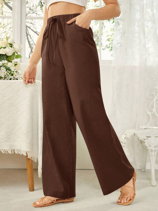 Essnce Women's Solid Color Waist Tie Pocket Wide Leg Loose Casual Pants Brown Wide Leg Pants Women Wide Leg Pants Wide Leg Summer Pants
