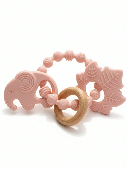 ETETOO 1pc Pink Flower Rabbit Textured Silicone & Wooden Teething Ring, Baby Sensory Toy, Relieve Teething Pain