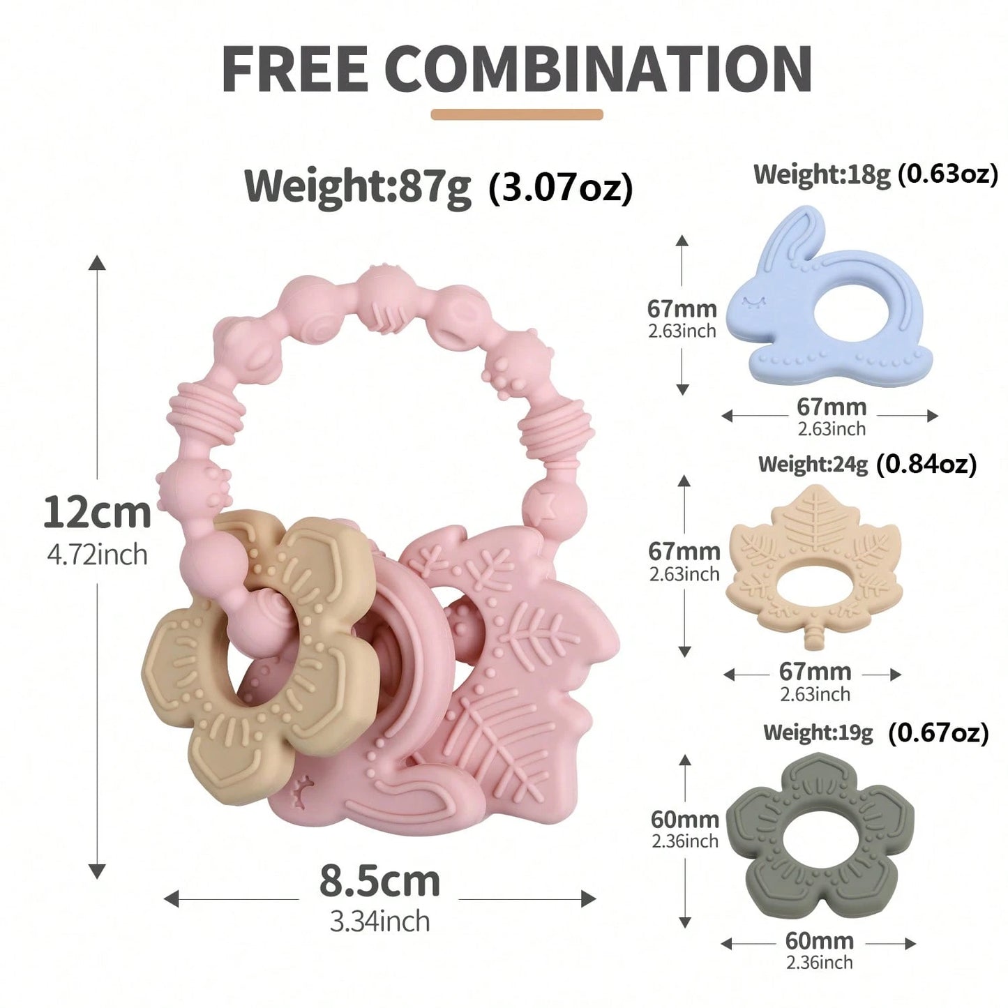 ETETOO 1pc Pink Flower Rabbit Textured Silicone & Wooden Teething Ring, Baby Sensory Toy, Relieve Teething Pain