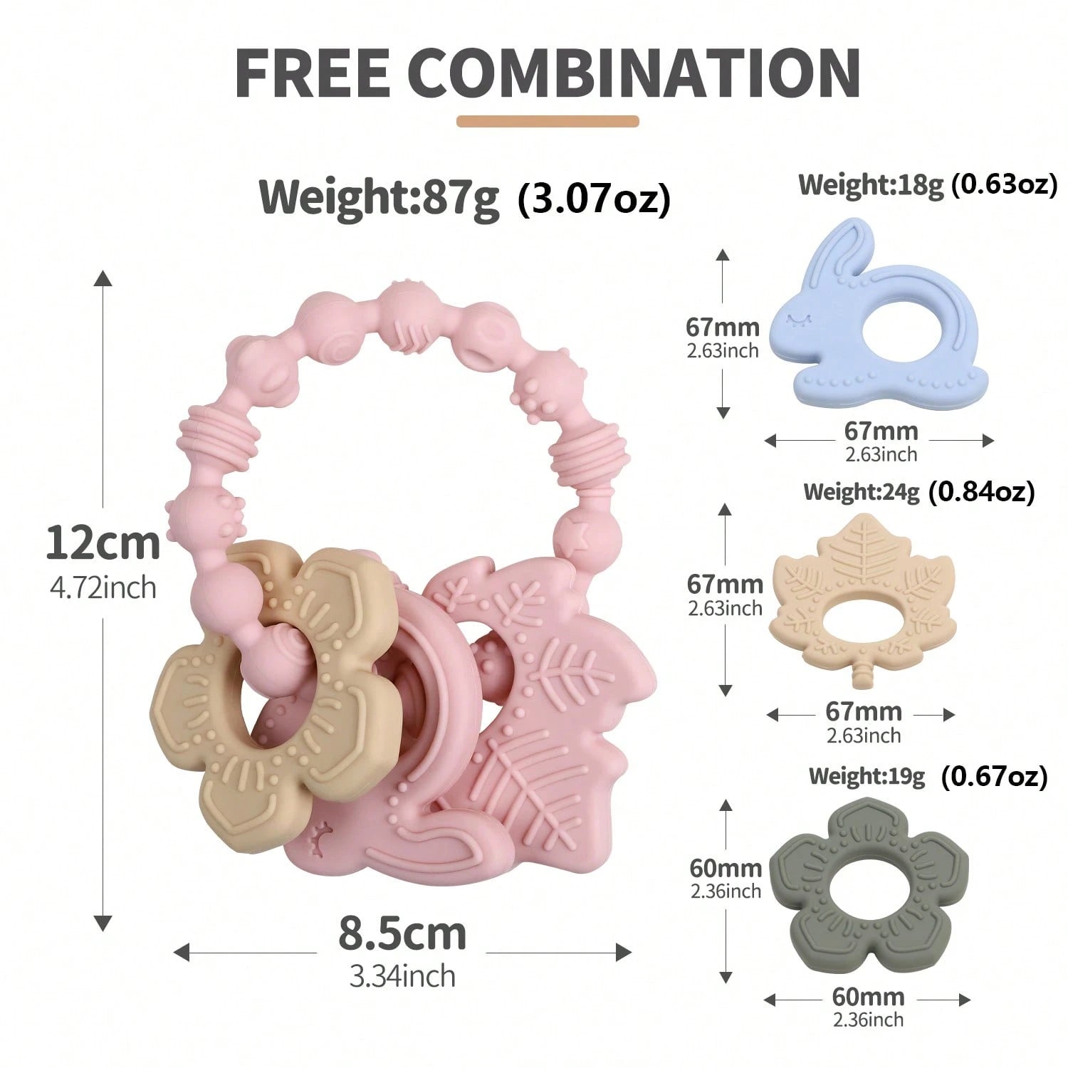 ETETOO 1pc Pink Flower Rabbit Textured Silicone & Wooden Teething Ring, Baby Sensory Toy, Relieve Teething Pain