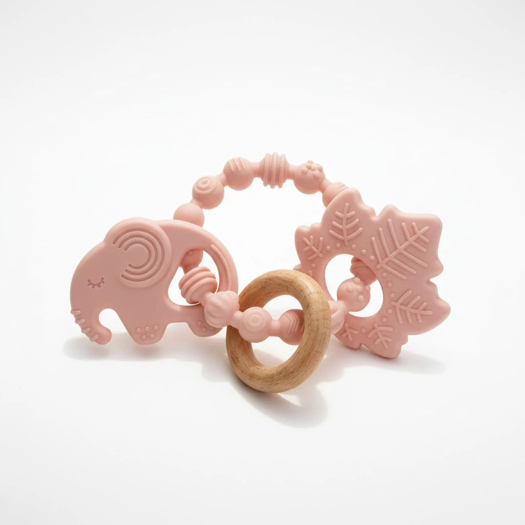ETETOO 1pc Pink Flower Rabbit Textured Silicone & Wooden Teething Ring, Baby Sensory Toy, Relieve Teething Pain