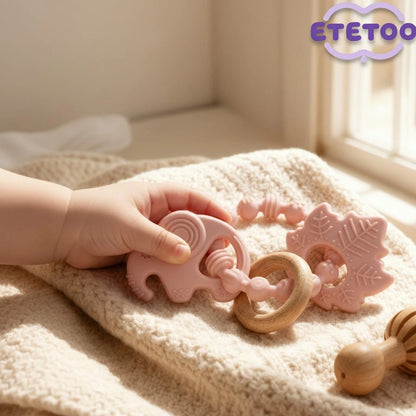 ETETOO 1pc Pink Flower Rabbit Textured Silicone & Wooden Teething Ring, Baby Sensory Toy, Relieve Teething Pain
