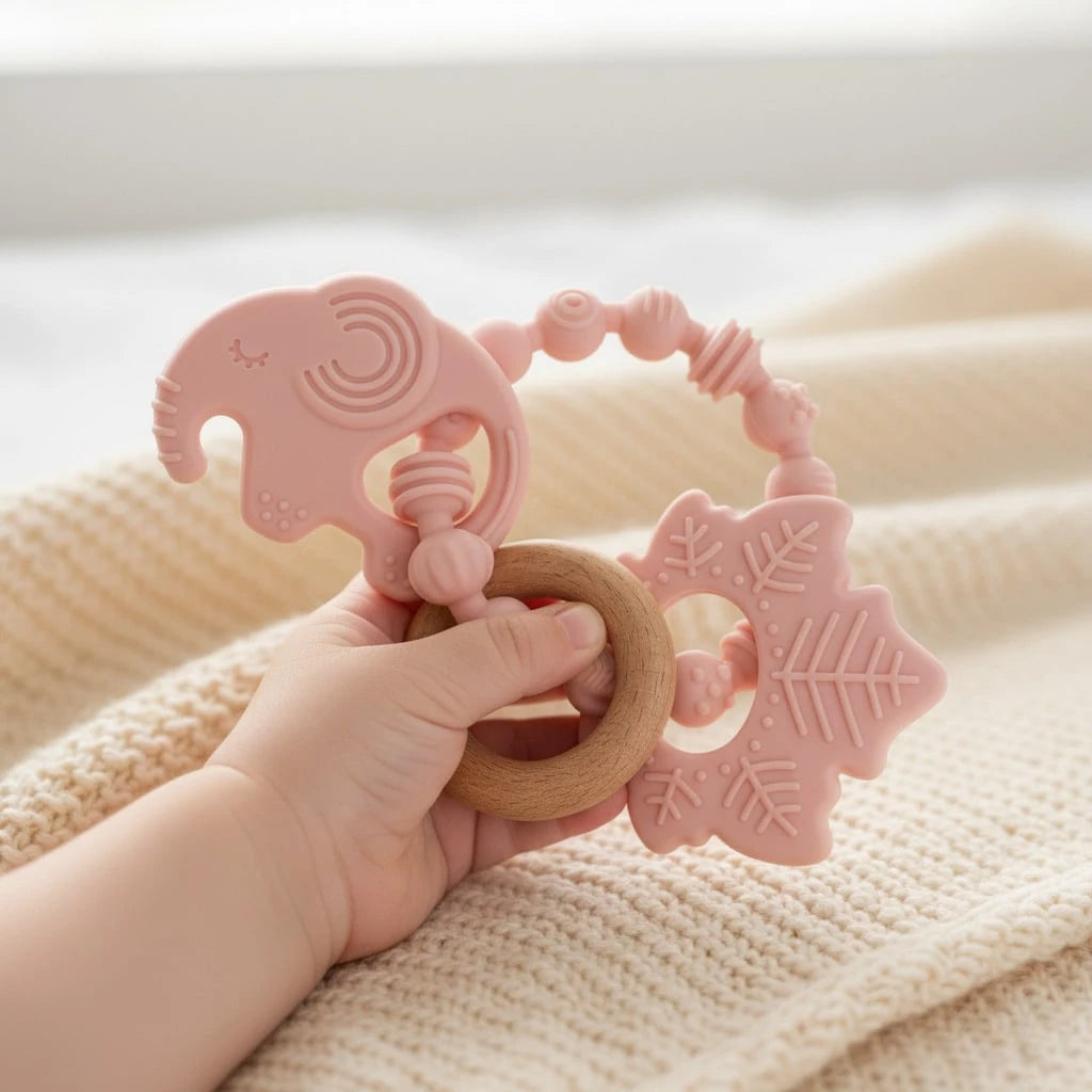 ETETOO 1pc Pink Flower Rabbit Textured Silicone & Wooden Teething Ring, Baby Sensory Toy, Relieve Teething Pain