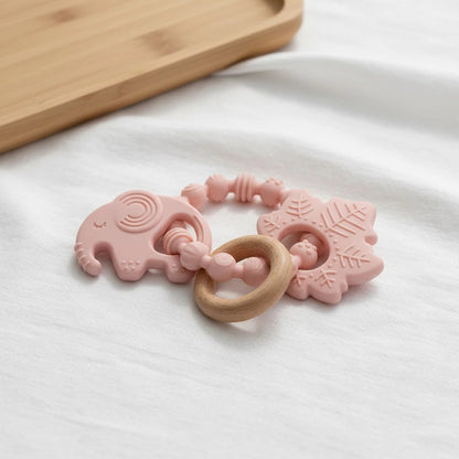 ETETOO 1pc Pink Flower Rabbit Textured Silicone & Wooden Teething Ring, Baby Sensory Toy, Relieve Teething Pain