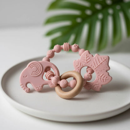 ETETOO 1pc Pink Flower Rabbit Textured Silicone & Wooden Teething Ring, Baby Sensory Toy, Relieve Teething Pain