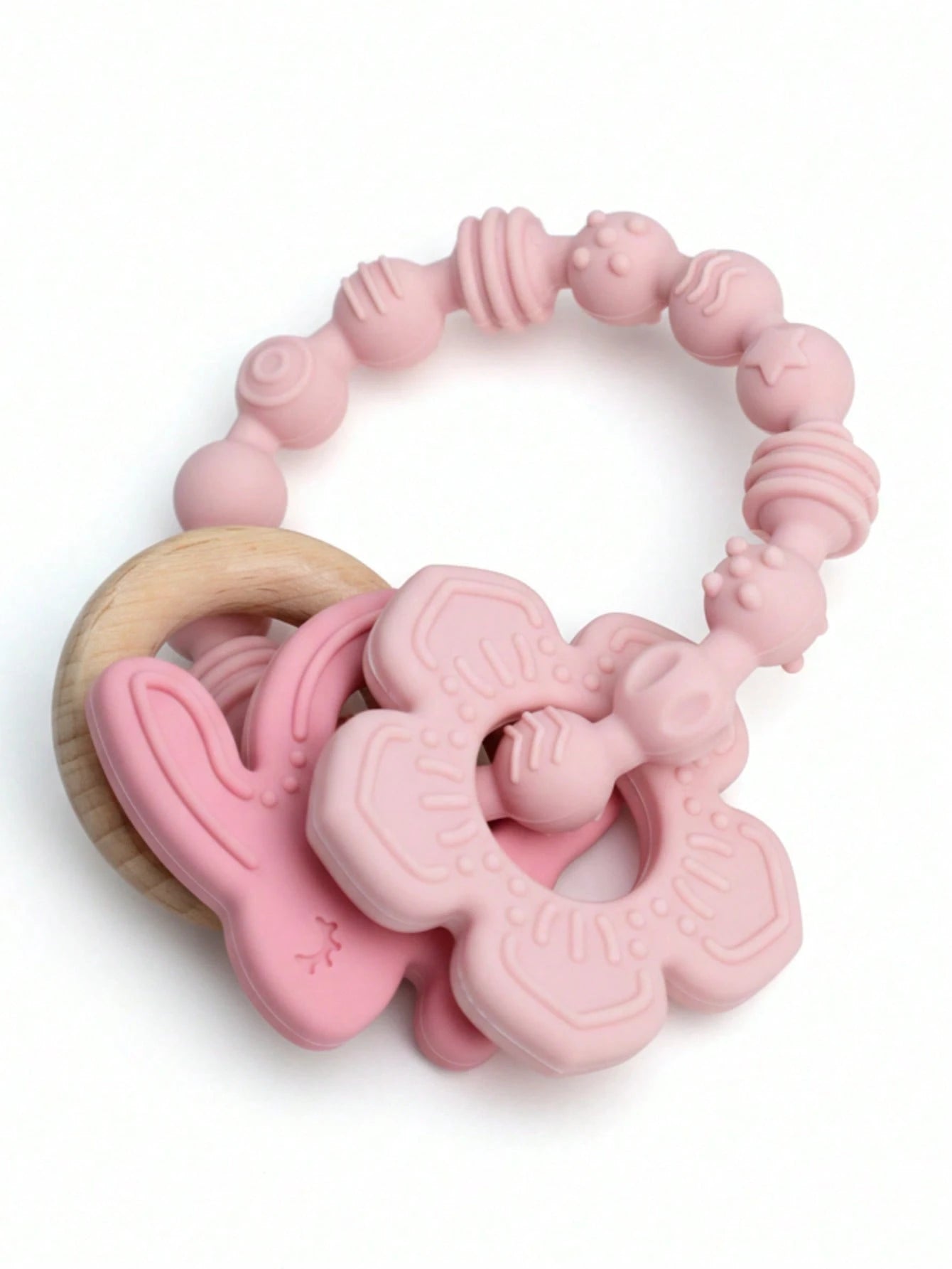 ETETOO 1pc Pink Flower Rabbit Textured Silicone & Wooden Teething Ring, Baby Sensory Toy, Relieve Teething Pain