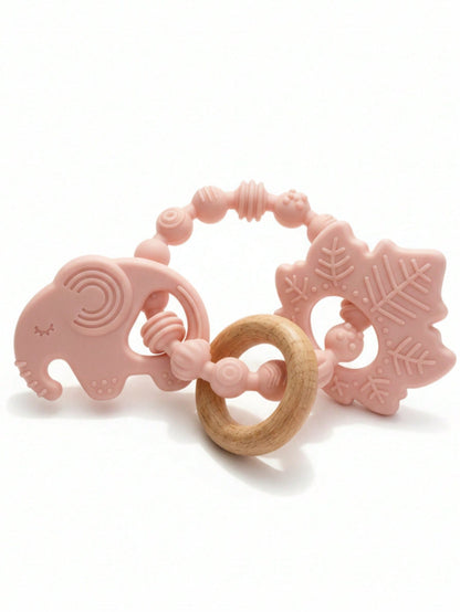 ETETOO 1pc Pink Flower Rabbit Textured Silicone & Wooden Teething Ring, Baby Sensory Toy, Relieve Teething Pain