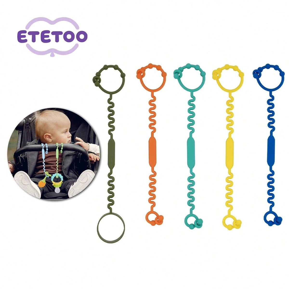 [ETETOO] 5pcs/Pack, Rainbow Color, Silicone Toy Safety Strap, Christmas Gift, Suitable For Stroller, High Chair, Car Seat, Silicone Toy Safety Strap