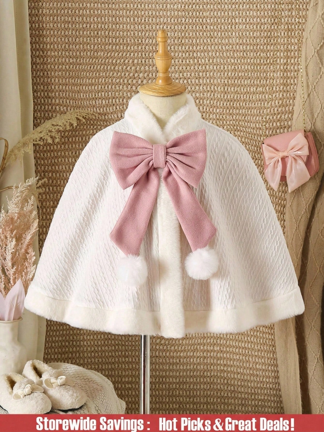 Explorewe Young Girl Faux Fur Collar Bow Decor Hooded Warm Fashion Jacket Girls Winter Cape Cape With Bow Faux Fur Cape Young Girl Winter Clothes Fall