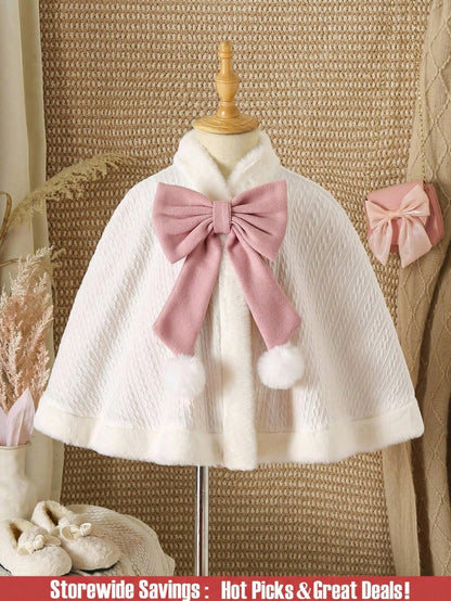 Explorewe Young Girl Faux Fur Collar Bow Decor Hooded Warm Fashion Jacket Girls Winter Cape Cape With Bow Faux Fur Cape Young Girl Winter Clothes Fall