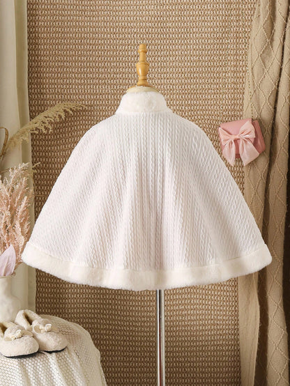 Explorewe Young Girl Faux Fur Collar Bow Decor Hooded Warm Fashion Jacket Girls Winter Cape Cape With Bow Faux Fur Cape Young Girl Winter Clothes Fall